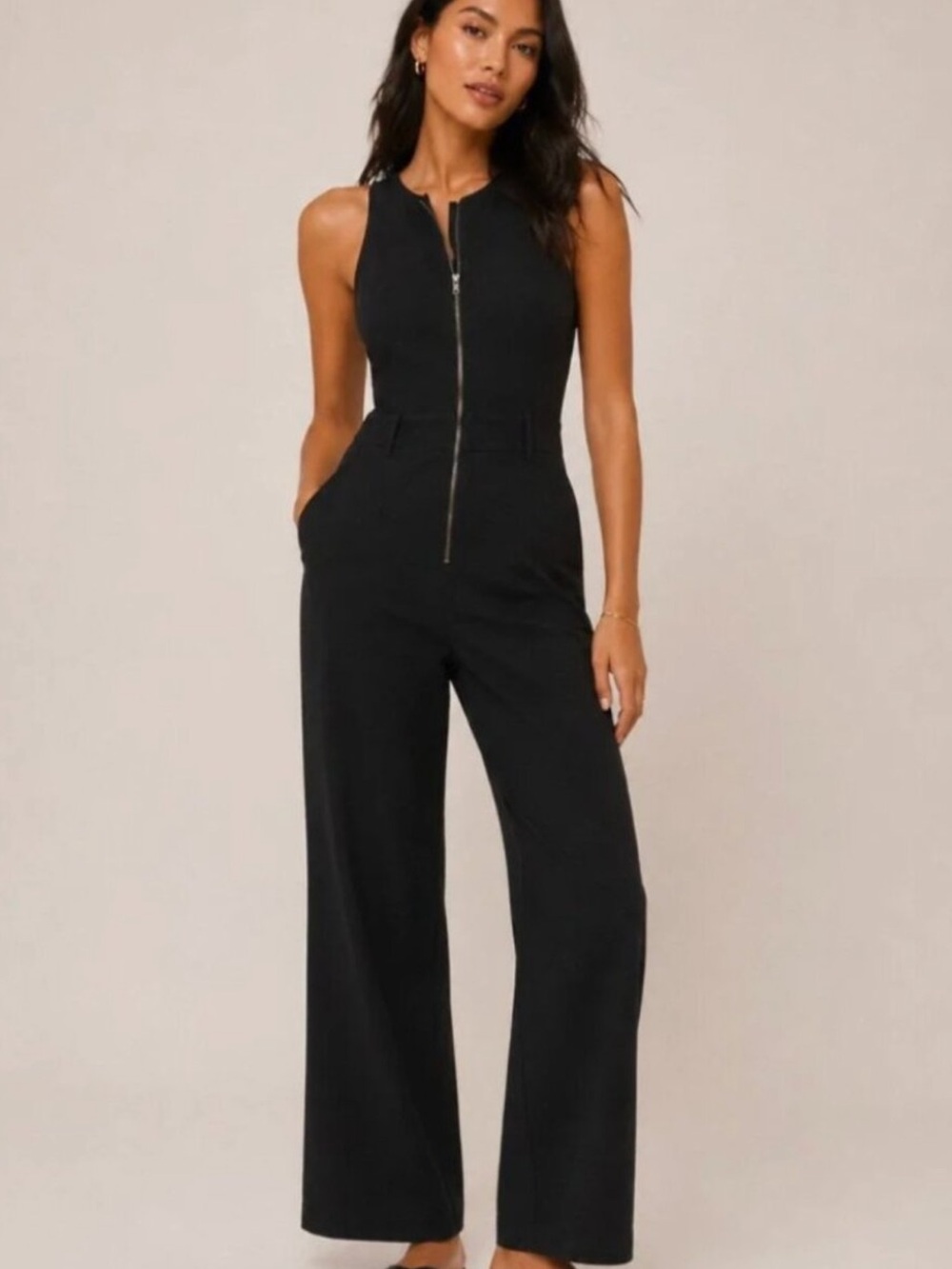 Maeve Black Zip-Front Wide-Leg Sleeveless Jumpsuit